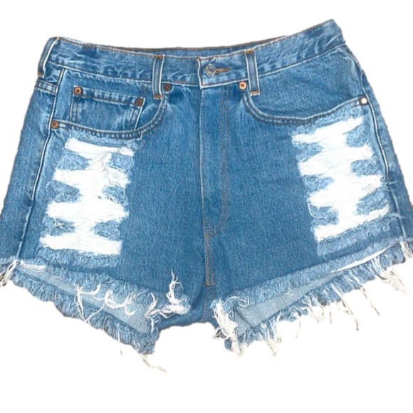 Levi’s High Waisted Cutoff Jean Shorts Women 30 Upcycled Distressed Retro Large - Picture 1 of 6